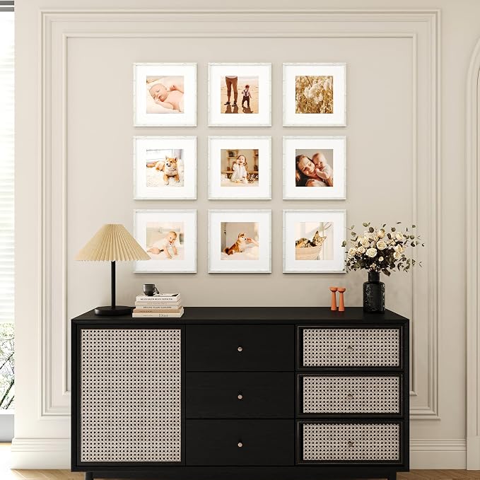 12x12 Picture Frame Set of 9, Display Pictures 8x8 with Mat or 12x12 without Mat, Multi Collage Gallery Square Photo Frames for Wall or Tabletop, Distressed White