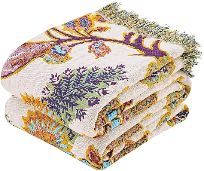 XIBLC Boho Throw Blanket for Bed, 100% Cotton Soft Rustic Quilt Fall Blanket, 60"x80" Floral Printed Farmhouse Decor Bed Blankets, All Season Rustic Reversible Bohemian Throw Quilt