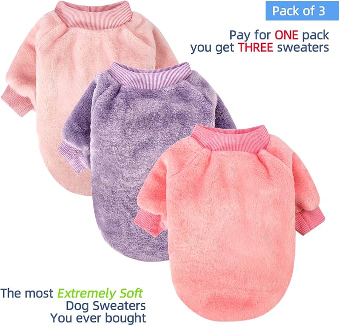 FabriCastle Dog Sweaters, 3-Pack Dog Clothes for Small Dogs Girl & Cats, Soft and Warm Pet Coats XXS - XXL, Winter Pet Jackets, Doggy Apparel Costumes, Puppy Outfits (Pink,Purple,Light pink, XX-Large)