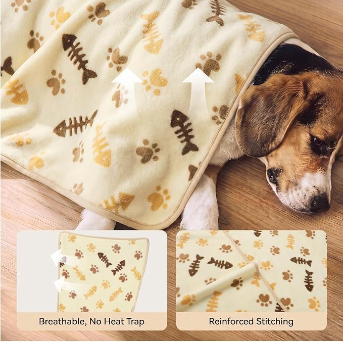 LINENLUX Dog Blankets 3-Pack, Super Soft Fluffy Fleece Pet Throw Warm | Premium flannel fleece pet throw for cat, puppy. Cozy warm for bed, crate, or couch naps; Grey/Khaki/White-3pcs 23x16 inch