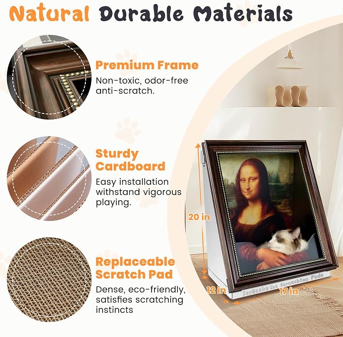 Cardboard Cat House for Indoor Cats Mona Lisa Cat Scratcher with Catnip | Frame Pre-Taped Girl With A Pearl Earrings Art Cat Scratcher Half-Surround Design