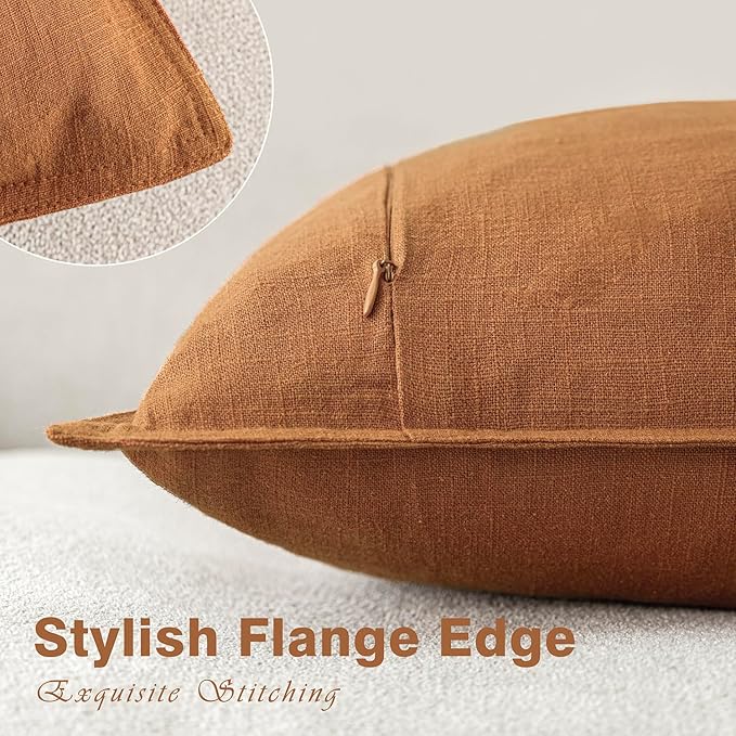 Foindtower Set of 2, Decorative Linen Solid Throw Pillow Covers Soft Accent Cushion Euro Case Boho Farmhouse Pillowcase for Chair Couch Sofa Bedroom Living Room Home Decor 26 x 26 Inch Autumn Orange
