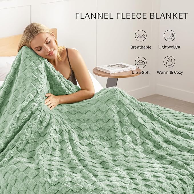 Exclusivo Mezcla 3D Checkered Fleece Queen Blanket for Bed, Sage Green | Super Soft and Cozy Fluffy Blanket, Lightweight, Breathable, Decorative Blanket for Living Room, Bedroom, All Season, 90"x90"