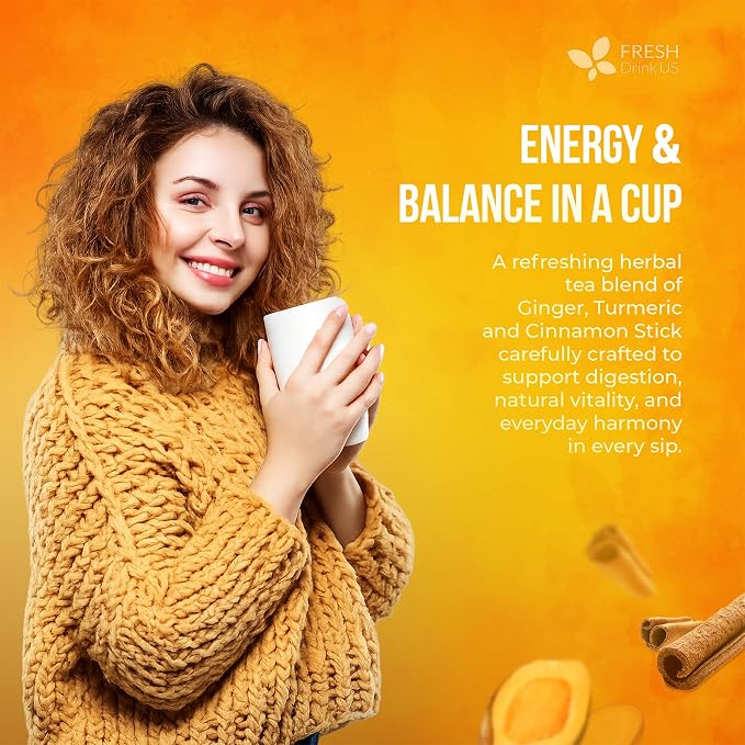FreshDrinkUS, Premium Turmeric Ginger Cinnamon Tea Bags | 75 Tea Bags | Herbal Spice Tea Blend, Naturally Caffeine Free, Warm & Aromatic Flavor, 100% Natural Ingredients, Convenient Tea Bags