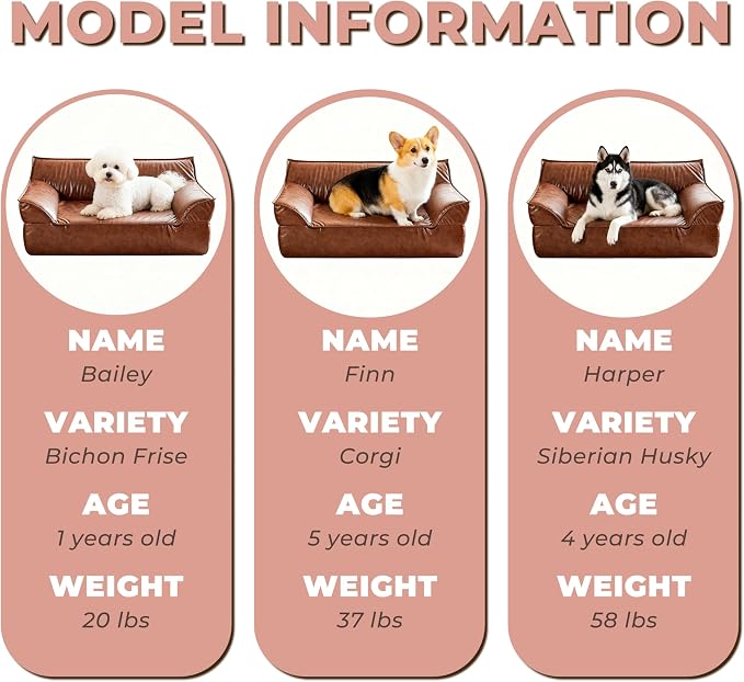 Large Leather Dog Sofa Pet Bed Couch for Large and Medium Dogs Under 70 lbs | Brown Luxurious Vintage Elevated Dog Sofa, Chaise Indoor Furniture Style Pet Supplies Low Maintenance