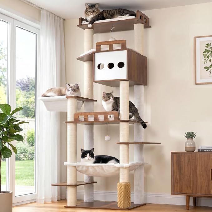Modern Cat Tree, 76'' Tall Cat Tower - 3 Big Platform GCT103EB