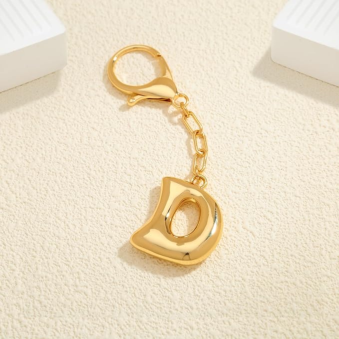 WOWORAMA Initial Letter Keychain for Women Chunky Gold Bubble Letter Bag Charm Purse Charm Personalized Keyrings Accessories