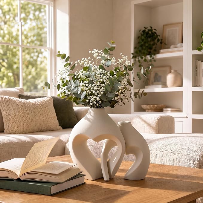 White Ceramic Flower Vase Home Table Decor Heart Shaped Vase Set of 2 | Boho Heart Shaped Minimalist Decorative Vases for coffee Table Centerpiece Wedding Dining Living Room Office House Decoration