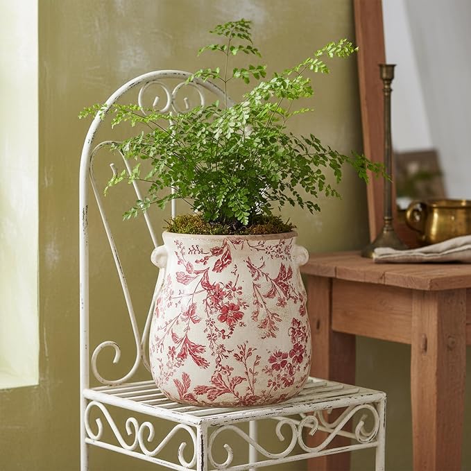 Antique Ceramic Planter & Vase for Home Decor, Rustic Farmhouse Flower Pot | 6.68 Inch Indoor Decorative Plant Pots, Vintage Ornament, Perfect for Bookshelf & Tabletop, Unique Gifts for Women, Red