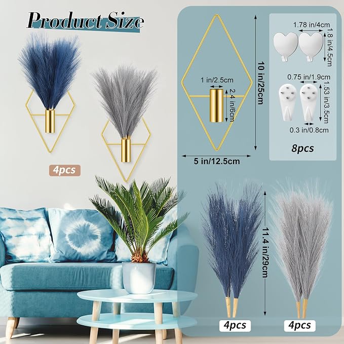 Hanaive 4 Sets Boho Wall Decor Metal Wall Art Hanging Planters with Artificial Pampas Display Modern Home Vase for Bedroom Home Office(Soft,Blue,Light Gray)