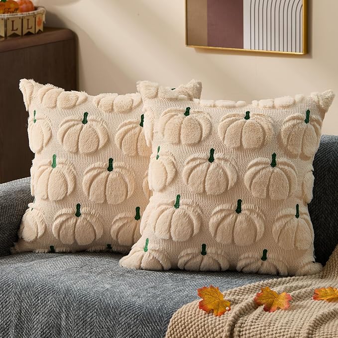 DFXSZ Fall Pillow Covers 18x18 2Pcs Beige Green Pumpkin Fall Decorations | Fall decor Set of 2 Throw Pillow Cases Soft Plush Faux Fur Wool Couch Cushion for Chair Sofa Bedroom Living Room Home Decor