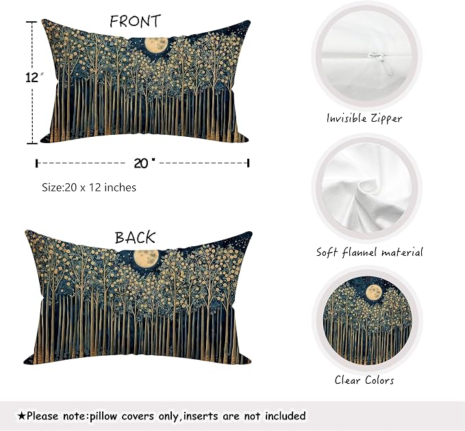 Rustic William Morris Inspired Night Forest Green Moon Decor Pillow Covers 12x20 Set of 2,Vintage Botanical Nature Landscape Decorative Throw Pillow Covers for Home Bedroom Living Room
