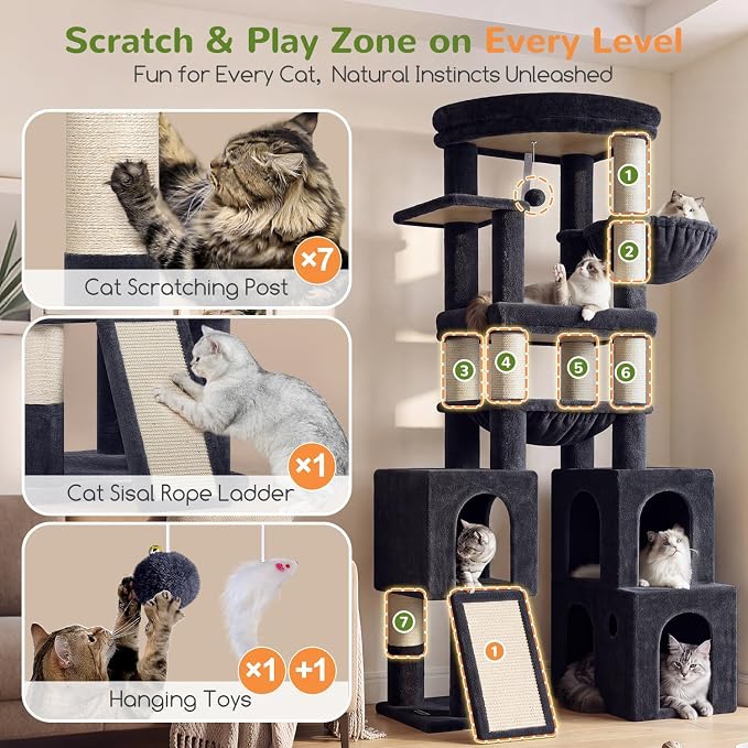 Globlazer Tall Cat Tower for Indoor Adult Cats, 72-inch, S72G, Dark Grey | Heavy Duty Cat Tree House for Big Cats with 2 Extra-Large Padded Platform, 7 Sisal Scratching Posts, 3 Large Condos