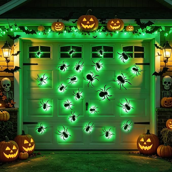 DR.DUDU 36 Pack Halloween Wall Decor Light up Spiders, Green | 3D Spider Stickers, Removable Wall Decals, Assorted Sizes, PVC, Window Decorations, For Indoor Outdoor Bathroom Home Party