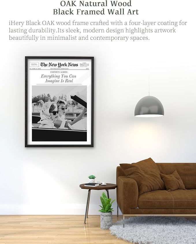 iHery 12x16in Everything You Can Imagine Is Real Framed Newspaper Art | Premium Black Natural OAK Wood Frame with Canvas Print, Vintage Girls Decor for Bedroom, Living Room, Dorm 1Pack
