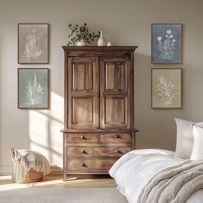 Framed Boho Botanical Wall Art for Bedroom, 4 Piece Vintage Neutral Floral Canvas Painting Prints, Minimalist Rustic Flower Pictures for Farmhouse Living Room Kitchen Dining Room Wall Decor, 11x14 In