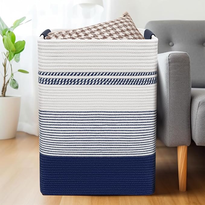 DOFASAYI Laundry Hamper, 85L Cotton Rope Laundry Basket, Dark Blue & White | Foldable nursery hamper with leather handles; store blankets, toys, baby clothes and laundry in bedroom or living room