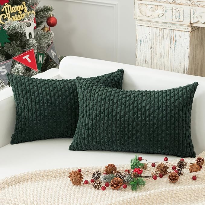Kevin Textile Soft Corduroy 12"x24" Lumbar Pillow Cover 1 Pack, Army Green | Boho Stripe Plush Corduroy Decorative Oblong Cushion Cover Modern Farmhouse Home Decor for Sofa Couch Bed Chair