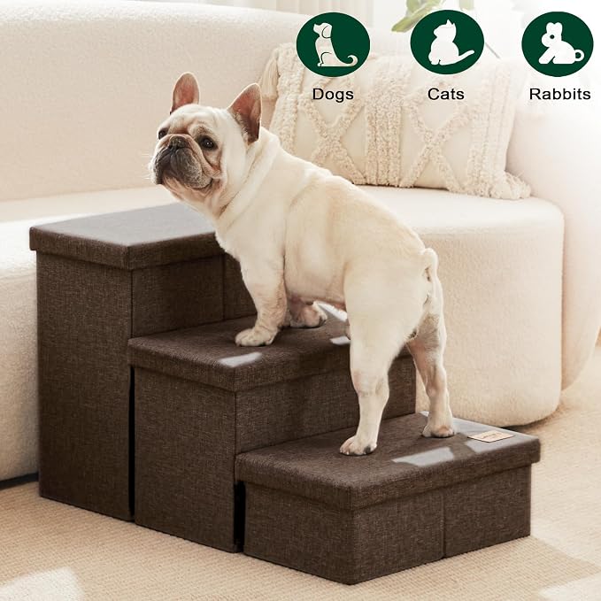 Love's cabin Dog Stairs for High Bed, Foldable Pet Stairs for Small Medium or Large Dogs Puppy with Storage for Bed or Couch, Cat Dog Steps Ramp with Zip up to 200 lbs, Coffee, 3 Steps