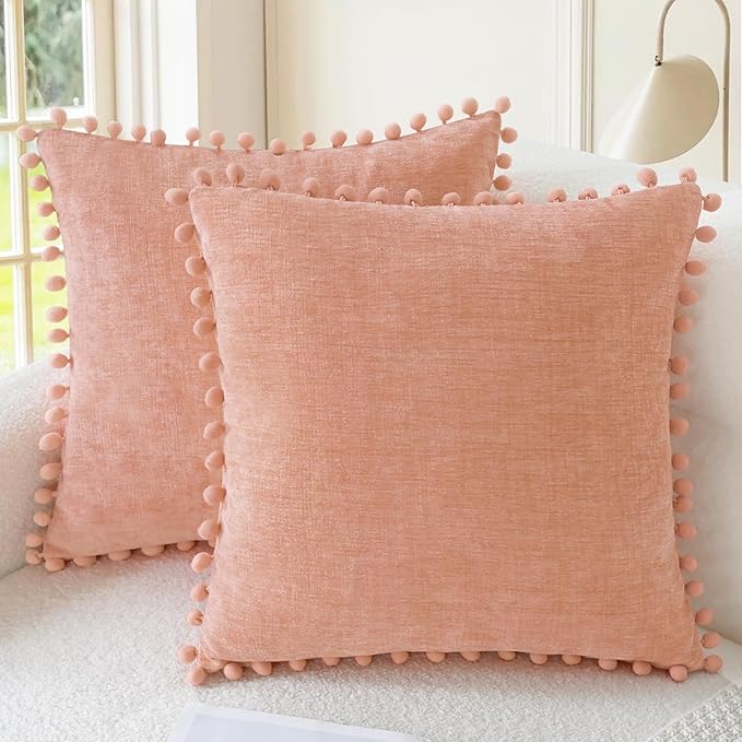 CaliTime Decorative Couch Throw Pillow Covers 16 X 16 Inches Dusty Pink | Pack of 2, Cozy Chenille Cushion Cases, with Pom Poms for Sofa Bed Living Room Farmhouse Home
