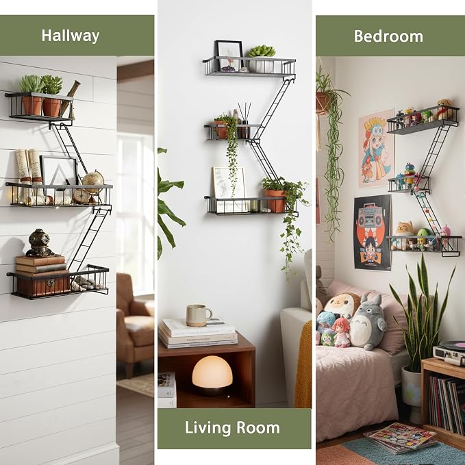 Fire Escape Wall Shelf, Modern City Corner Wall Decorative Action Figure Metal Display with Mini Shelf, Black 2.5 Tier