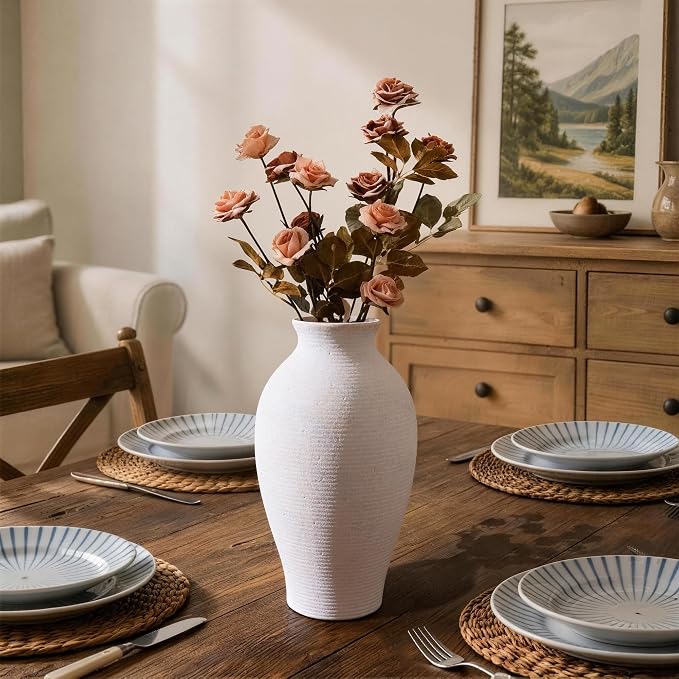 Ceramic Flower Vase Home Decor, 11 in Farmhouse Table White Vases Rustic Vintage Living Room Kitchen Bedroom Decorations Pottery Decorative Vases for House Shelf Office Coffee Desk Dining Fireplace