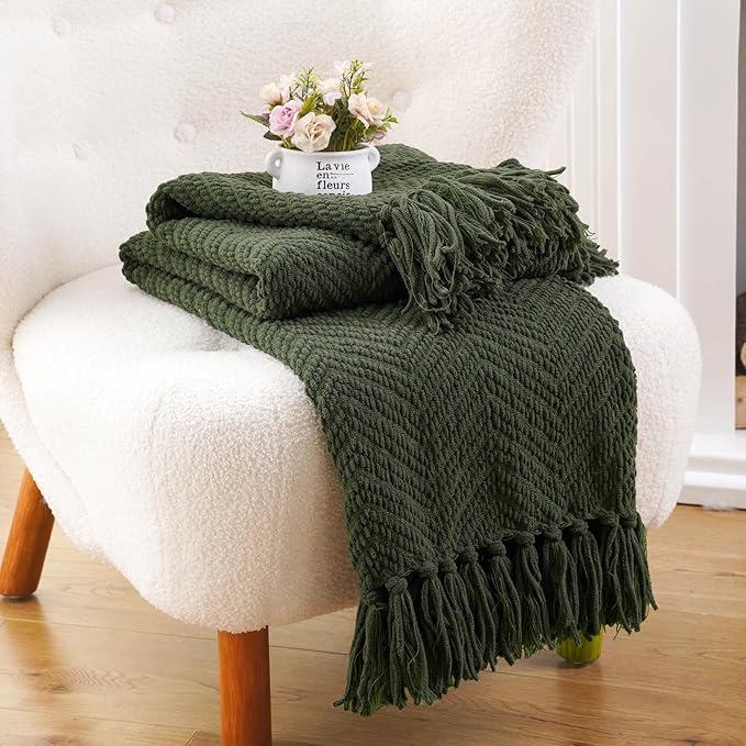 BATTILO HOME Olive Green Chenille Throw Blanket for Bed, 50" x 60" | Knit Throw Blanket, Super Soft Warm Home Decor Throw Blanket with Tassels for Couch,Sofa and Living Room