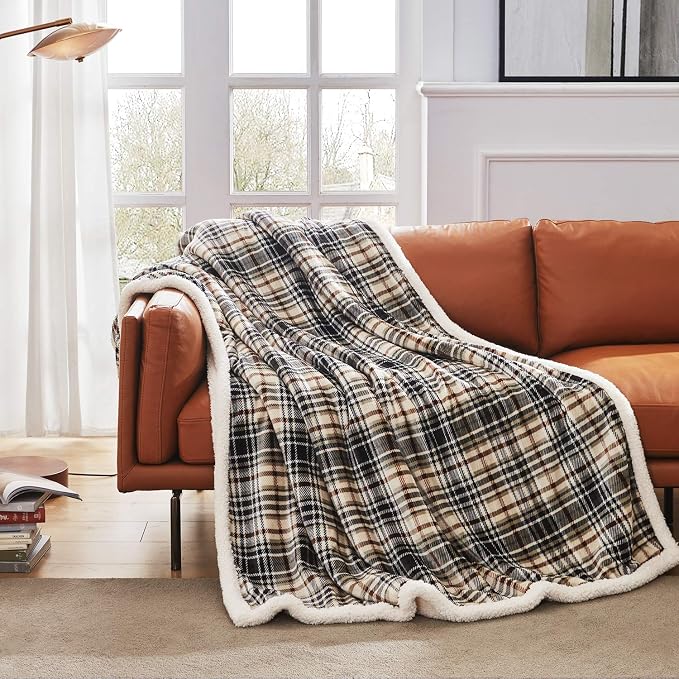 Sherpa Plaid Throw Blanket, 60" X 70"Fuzzy Fluffy Cozy Soft Blanket, Fleece Flannel Plush Twin Size Microfiber Blanket for Couch Bed Sofa (Brown)