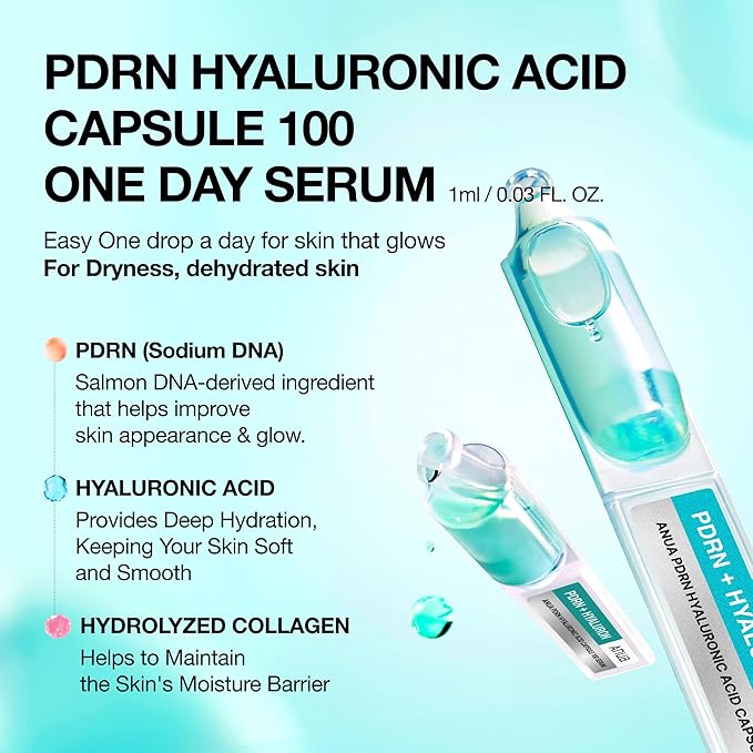 Anua PDRN Hyaluronic Acid Capsule 100 Serum, Radiant Face Salmon DNA, Hyaluronic Acid, Hydration, Moisture Plumping Effect, Lightweight, Glass Skin, Korean Skincare, 0.33 fl.oz