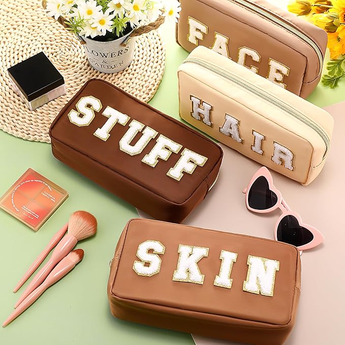 Preppy Makeup Bags Chenille Letter Stuff Bag Nylon Cosmetic Pouch Cases with Zipper for Women Travel Toiletry(Brown Set,Classic,4 Pcs)
