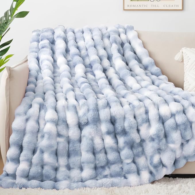 Luxury 1000GSM Faux Rabbit Fur Throw Blanket, Super Heavy Warm Cozy Grey Blankets for Couch Bed Sofa, Ruched Plush Fuzzy Elegant Soft Reversible Mink Blanket for Living Room Bedroom