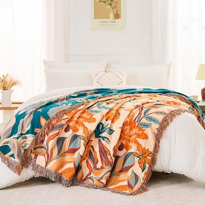 XIBLC Boho Throw Blanket for Bed, 100% Cotton Soft Rustic Quilt Fall Blanket, 90"x98" Floral Printed Farmhouse Decor Bed Blankets, All Season Rustic Reversible Bohemian Throw Quilt