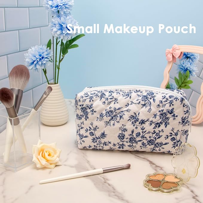 PAZIMIIK Small Quilted Makeup Bag,Zipper Cosmetic Pouch,Jouy Blue,2 Pack | Lightweight Cosmetic Bag Organizer for Women,Purse Storage Holds Makeup,Toiletries,Skincare,Beauty Essentials,Travel Items