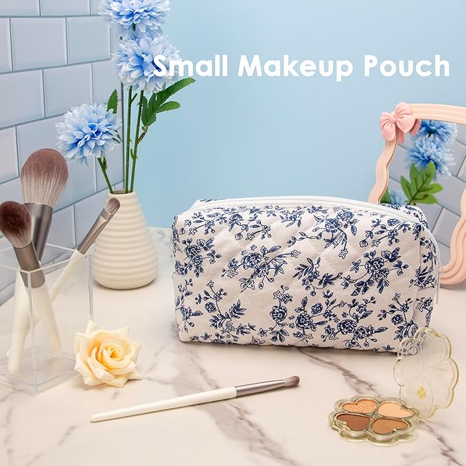PAZIMIIK Small Quilted Makeup Bag,Zipper Cosmetic Pouch,Jouy Blue | Lightweight Cosmetic Bag Organizer for Women,Purse Storage Holds Makeup,Toiletries,Skincare,Beauty Essentials,Travel Items