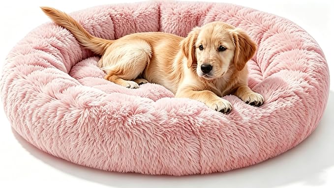 Calming Extra Large Donut Dog Bed, Anti-Anxiety Round Soft Fluffy Plush Faux Fur Washable Anti-Slip Pet Bed for Medium Dogs Up to 45 lbs 32in Pink