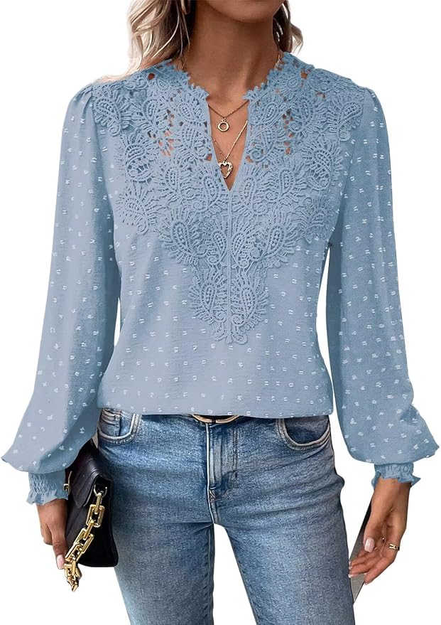 Womens Tops Swiss Dot Boho Long Sleeve Shirts V Neck Casual Chiffon Blouses Flowy Lace Hem Cute Clothing Trendy 2026