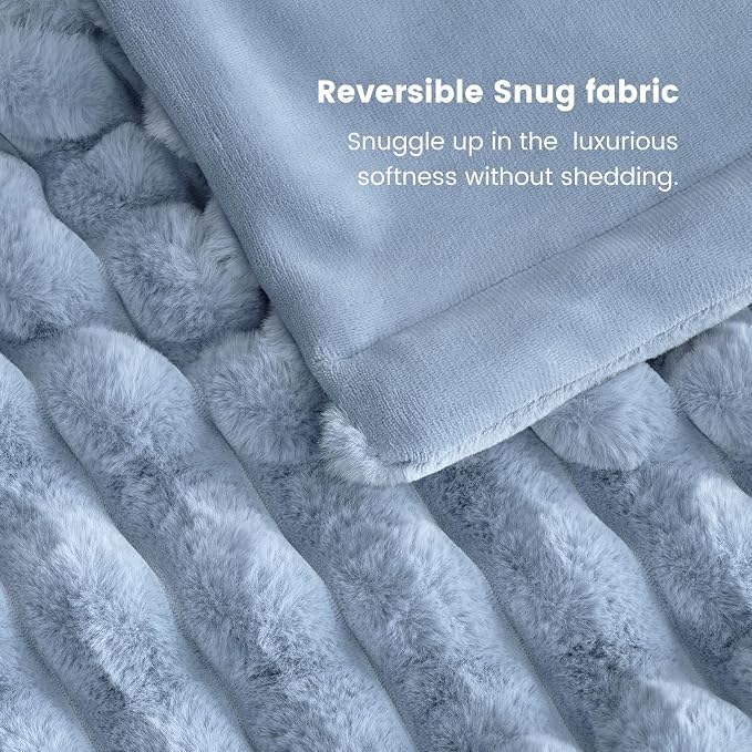 Cozy Bliss Faux Fur Throw Blanket for Couch, Cozy Warm Plush Striped Blanket for Sofa Bedroom Living Room, 60 * 80 Inches Light Blue
