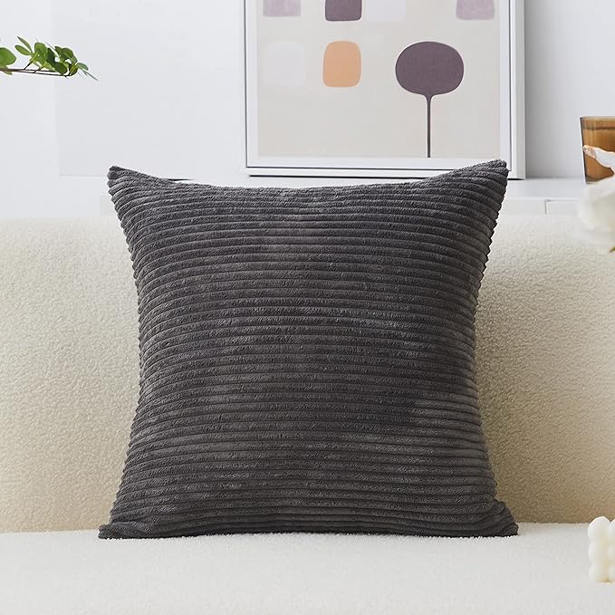 Home Brilliant Pillow Cover 26 x 26 Soft Striped Corduroy Decorative Euro Throw Pillow Sham for Couch, 66x66 cm, Dark Grey
