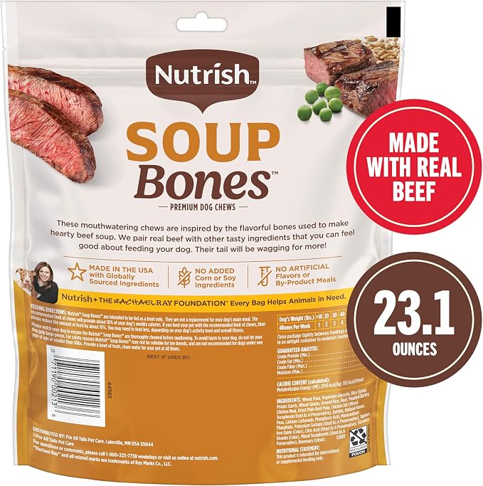 Nutrish Soup Bones Beef Dog Chews, 23.1 oz. Bag (11 Treats) (Rachael Ray) | Rawhide-Free, Contains No Artificial Flavors or By-Product Meals, Soft Texture, Easy on Gums, Resealable Bag