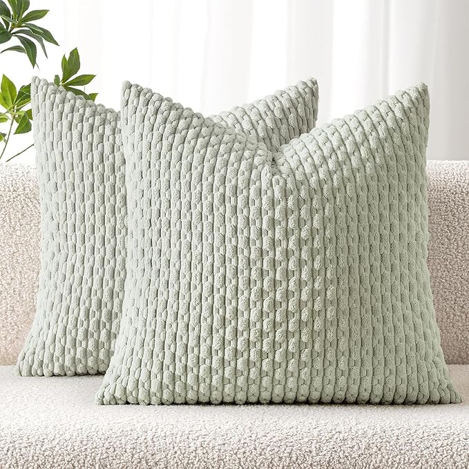 MIULEE Decorative Throw Pillow Covers 18x18 Light Green Textured Corduroy | Pack of 2 Striped Pillow Covers Modern Farmhouse Home Decor for Couch Bed Sofa Living Room