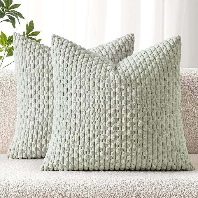 MIULEE Decorative Throw Pillow Covers 16x16 Light Green Textured Corduroy | Pack of 2 Striped Pillow Covers Modern Farmhouse Home Decor for Couch Bed Sofa Living Room