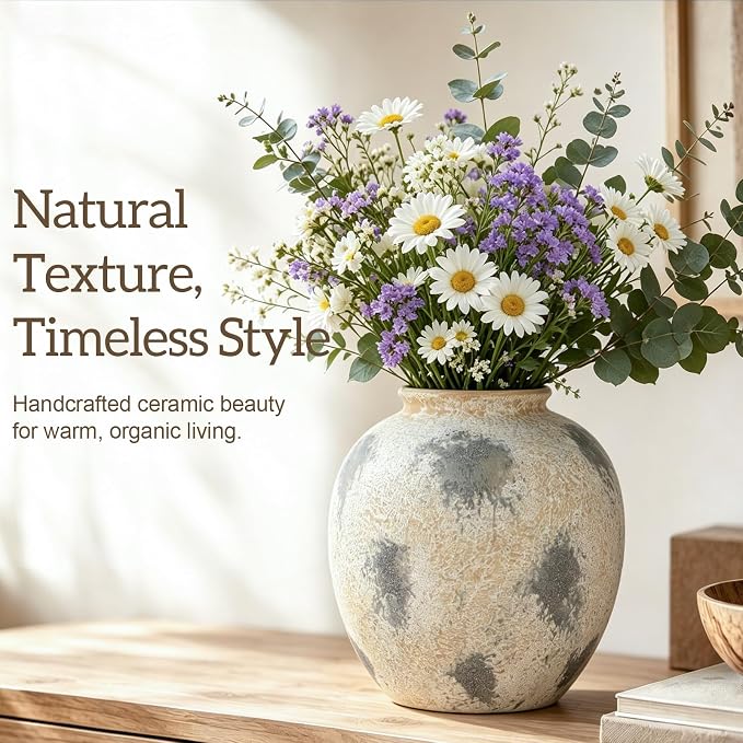 Cream Ceramic Flower Vase Speckled Bubble Glaze Home Decor | 6.29 Inch Rustic Table Vase,Decorative Ornament for Living Room,Office,Wedding,Birthday