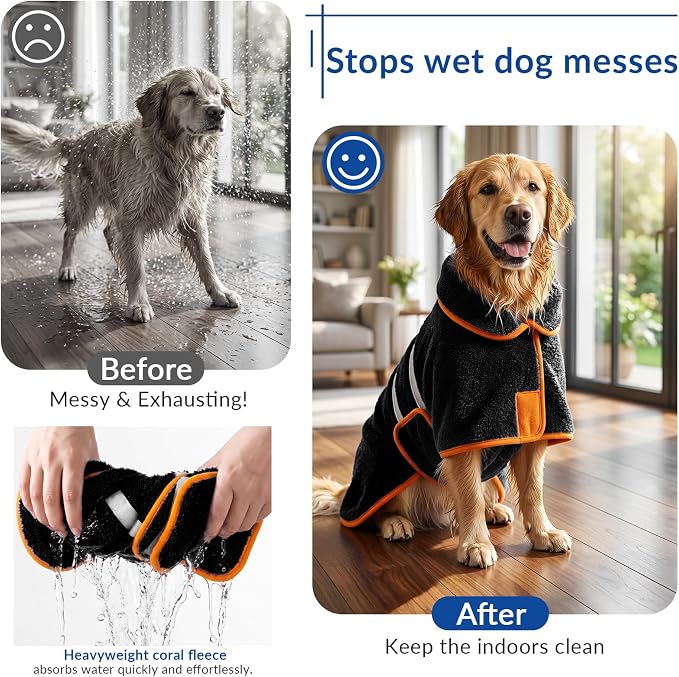 Bienbee Dog Bathrobe, Super Absorbent for Small to Large Dogs, Black L | Dog Robes with Soft Fleece, Warm & Cozy, Adjustable Fit, and Quick Drying Coat for Baths Swimming and Grooming