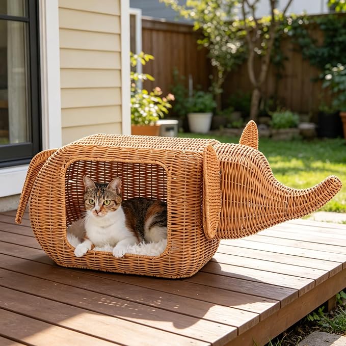 PAWZ Road Elephant Rattan Cat Bed, Indoor Outdoor Condo for Large Cats | breathable rattan cat house, 51L interior fits large cats 15lbs, wicker cat bed with removable cushion