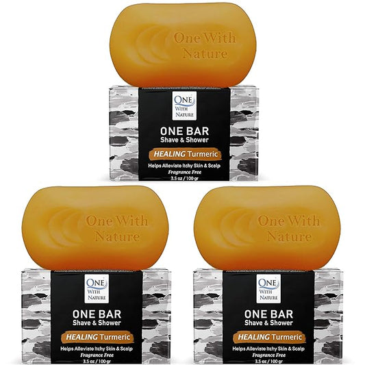 ONE Bar Healing Turmeric, Fragrance Free 3.5 oz 3 Pack - Shave, Shower, Shampoo, face, beard, body, hair/scalp, SuperFAT “oil” Infused: Avocado, Mango, Olive, Coconut, Argan, Nourishing Oil.
