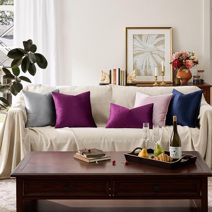 GIGIZAZA Velvet Pillow Covers 16x16 Decorative Pillows Pack of 2 Purple | Throw Pillows for Couch Sofa,280gsm Soft Textured Fabric,Luxury Modern Square Pillowcases,Home Decor Cushion Covers