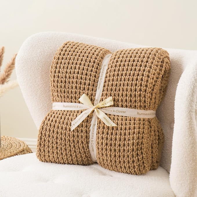 Beige Throw Blanket for Couch, Tan Waffle Knitted Throw Blankets 50"x60" | Farmhouse Throw Blanket for Home Decor, Neutral Knitted Beige Blanket, Decorative Soft Chunky Chenille Throw for Bed Sofa