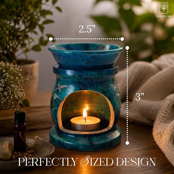 SOUL STICKS Stone Soapstone Aroma Lamp Stylish Beautiful Elegant Decorative Handcrafted Aroma Wax Burner Oil Diffuser for Aromatherapy, Meditation and Home Fragrance with Tealight Holder, 3 (Blue)