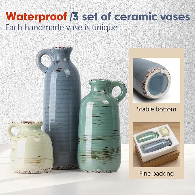 Ceramic Vase Set of 3, Vase Home Decor with Handle, Waterproof Vases | Farmhouse Vases Home for Pampas Grass & Dried Flowers, Flower Vase for Table Living Room Home Decor-Multicolor