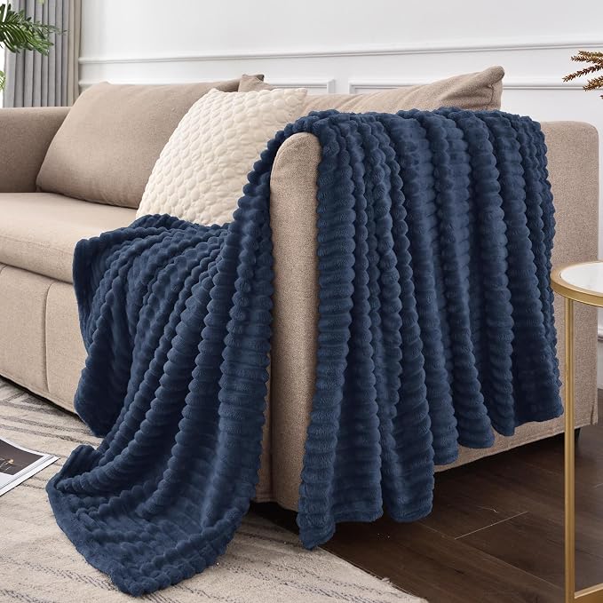 BEDELITE 3D Ribbed Jacquard Navy Fleece Twin Blanket for Bed, 60x80 Inch | Soft Warm Decorative Fluffy Blanket, Cozy Plush Lightweight Fuzzy Throw Blanket for Couch Sofa Room Decor, Gift for Women